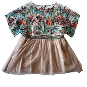 Tassels N Lace embroidered floral Tulle tunic top Sz S boho‎ neutral Mesh Artsy